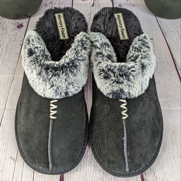 Black Faux Fur House Slipper Scuff Memory Foam Slip On Anti-Skid Sole - Picture 2 of 9